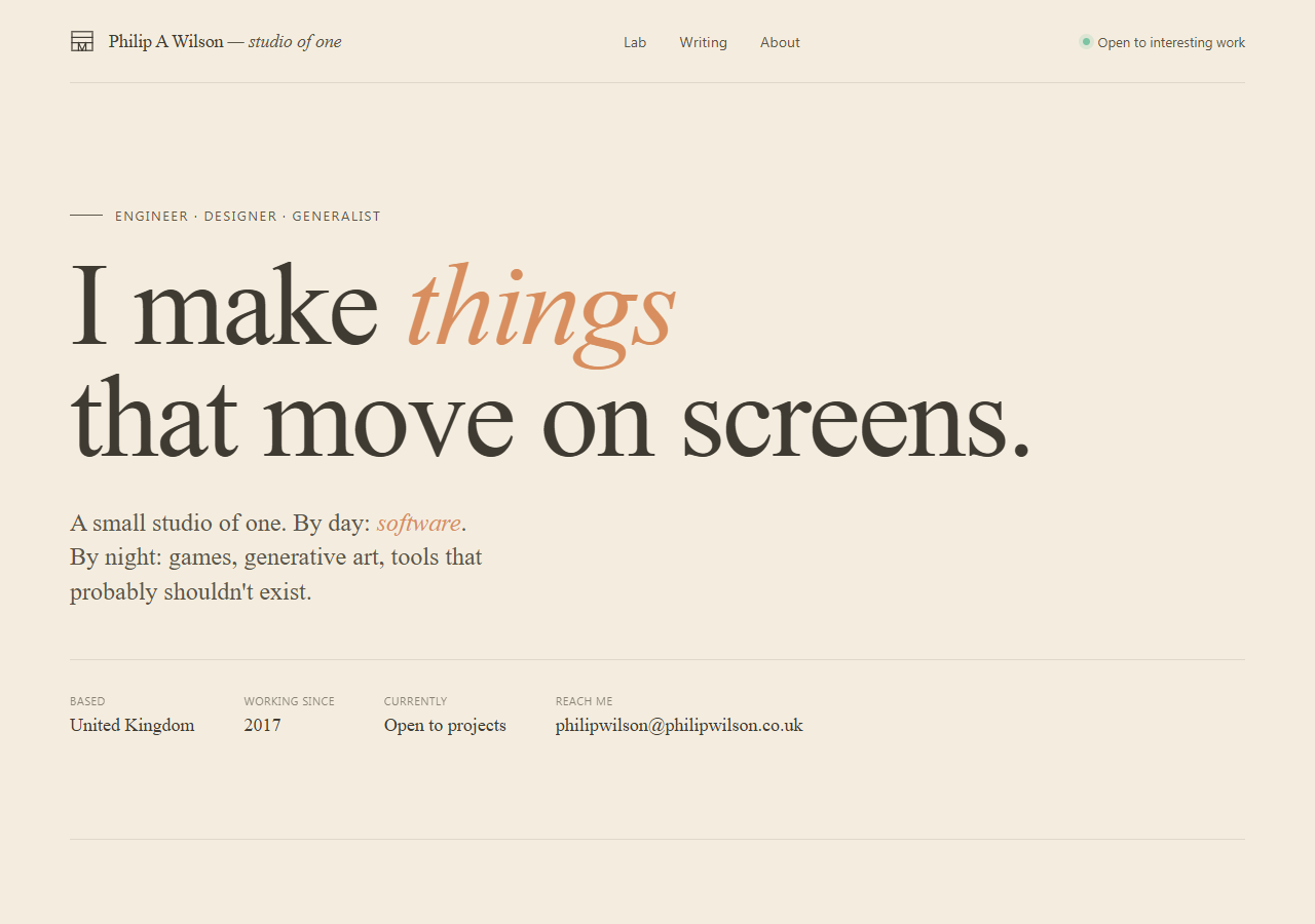 Concept 02: a modernist editorial layout, big serif headline reading I make things that move on screens, a single accent word in coral italic.