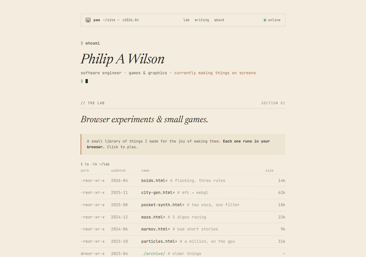 Concept 04: a terminal-styled homepage with a window-chrome header reading paw ~/site, command-line prompts, a directory listing of lab projects.